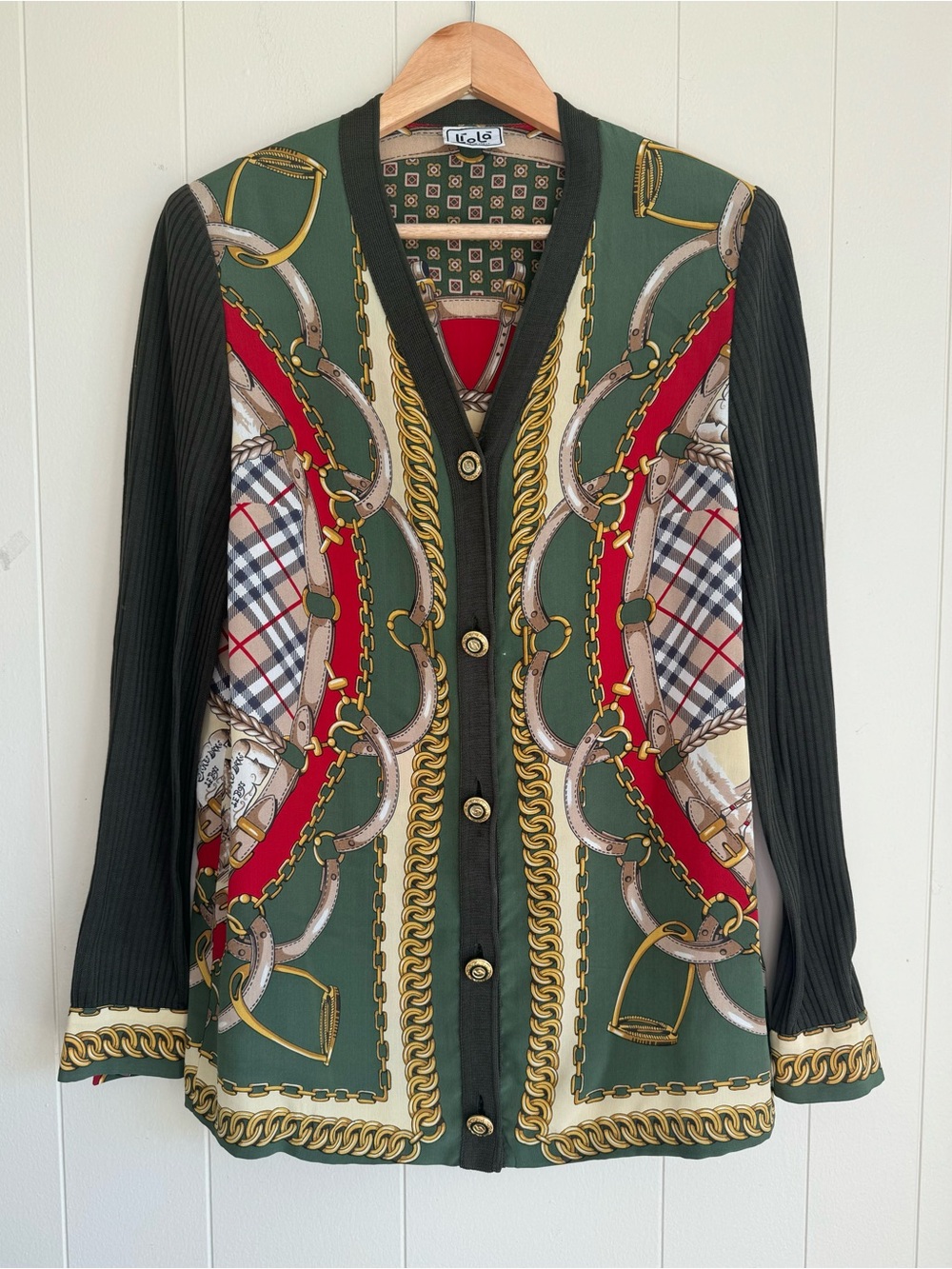Liola Italy 100% Silk Equestrian Print Cardigan Green Gold Large